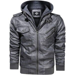 🆕Men’s Grey Stand Collar PU Faux Leather Bomber Jacket With a Removable Hood